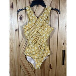 Women's Size 2 Garnet Hill Multicolor Mosaic Ruched V-Neck One-Piece Swimsuit